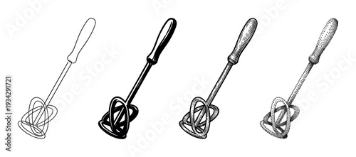 Dough whisk kitchen utensil presented in four distinct artistic styles including outline, solid, engraved, and stippled designs.