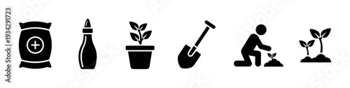 Gardening and planting icons illustrating essential tools, fertilizers, and the entire plant growth process.