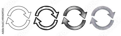 Refresh arrows in various styles depict concepts of reload, repeat, and update processes for digital interfaces.