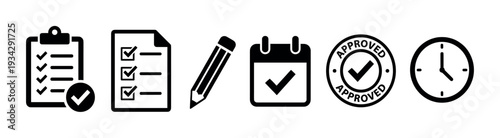Task management icons set illustrating various stages of project planning, completion, and approval processes.