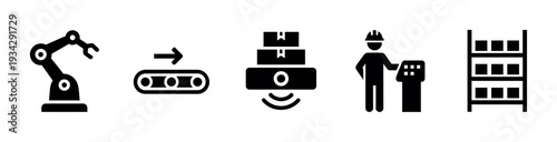 Manufacturing process icons illustrating automated production and logistics workflow from robot to storage.