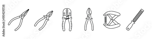 Various hand tools outline icons set including pliers, a wire stripper, a clamp, and a file for repair work.