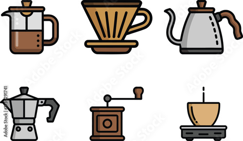 Professional specialty coffee brewing equipment icons including french press, pour over dripper, gooseneck kettle, moka pot, and manual grinder for cafe branding.