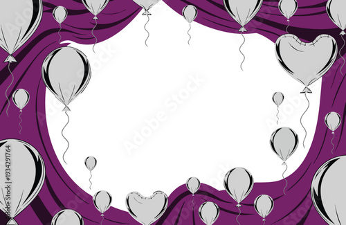 Purple Stage Curtains with White Balloons Frame – Festive Celebration Border Vector Illustration