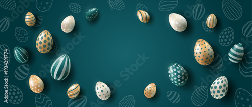 Festive Easter background with eggs and streamers on a dark blue background. Festive design with realistic Easter eggs for greeting card, invitation or advertising banner. Vector EPS 10.