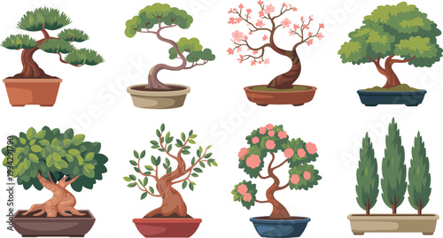 Bonsai tree illustrations, decorative potted plants, artistic foliage design, miniature trees, horticulture art, Japanese garden style, nature decorative graphics