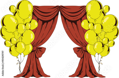 Red Stage Curtains with Yellow Balloons – Festive Celebration Backdrop Vector Illustration
