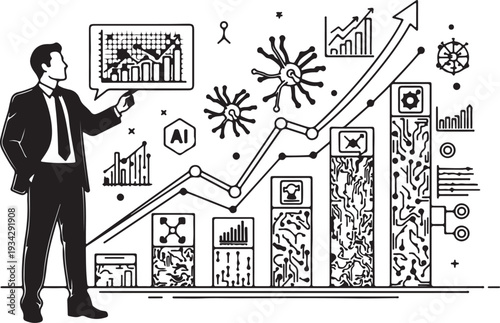 "Artificial intelligence analytics vector illustration showing executive with graphs, pie charts, and pandemic impact icons symbolizing innovation, growth, and data-driven success"