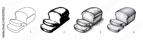 Four different styles of bread illustrations are presented, showcasing various artistic techniques for depicting baked goods.