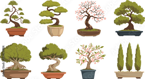 Bonsai trees, potted plants, miniature garden, artistic pruning, foliage design, seasonal blossoms, horticulture art, decorative pots, nature illustration, landscaping