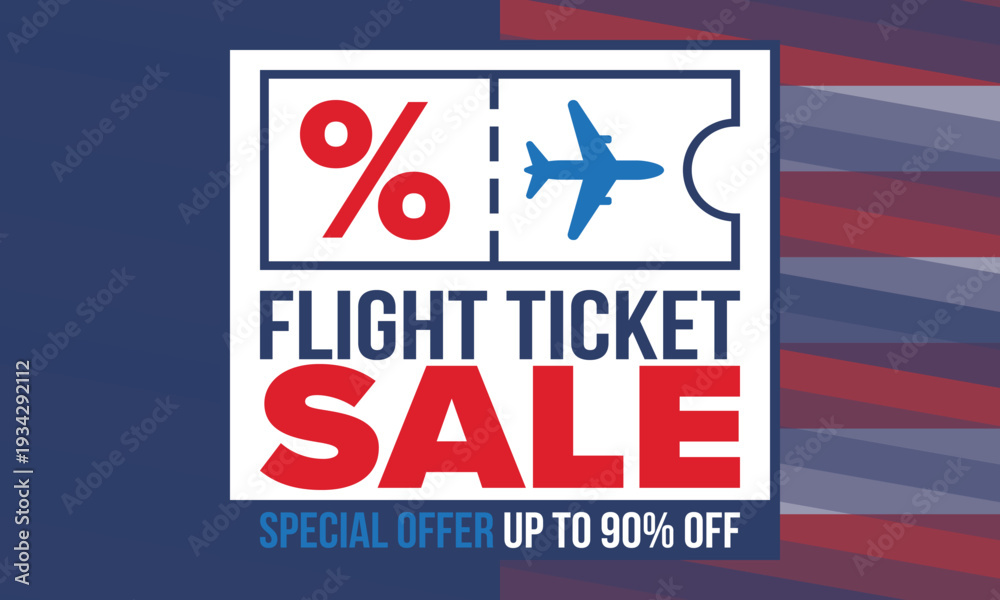 Fototapeta premium Flight Ticket Sale Promotional Banner with Airplane Icon and Up to 90 Percent Off Special Offer