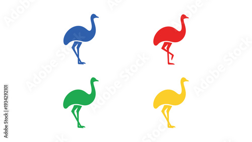 Colorful illustrations of four distinct emu birds standing side by side.