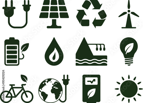 Comprehensive renewable energy and environmental conservation icon set with solar panels, wind turbines, recycling symbols, and green technology for sustainable living.