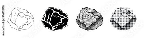 Four distinct rock illustrations display a range of artistic styles, from simple outline to detailed halftone patterns.