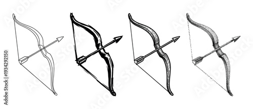 Four different styles of bow and arrow illustrations showcasing various artistic techniques for archery equipment.