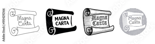 Historical document scrolls featuring Magna Carta text are illustrated in multiple graphic design styles.
