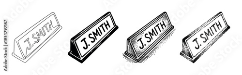 Desk nameplate illustrations in various styles depicting a professional identification tag for an office setting.
