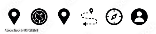 Navigation location map compass user profile icons representing travel, direction, and online presence for digital applications.