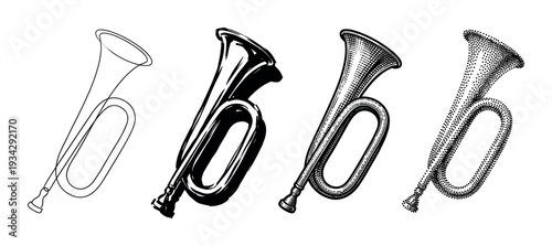 Four different bugle illustrations showcasing various artistic styles from outline to stippled patterns.
