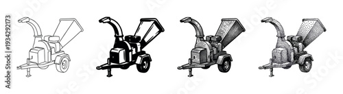 Wood chipper shredder machine equipment tool vector illustration set featuring four distinct artistic styles for garden maintenance.