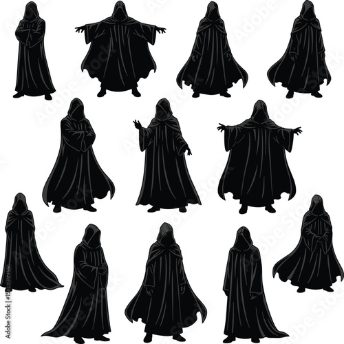 Dark hooded cloak figures vector set featuring mysterious robed characters in dramatic gothic fantasy silhouette illustration collection