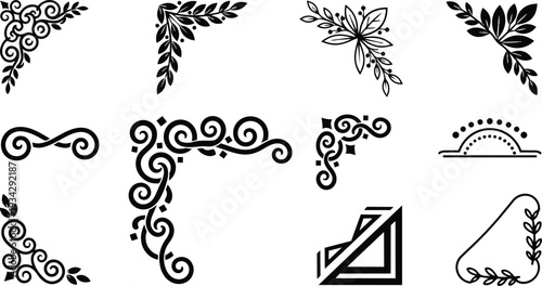 Decorative vector corner flourishes arranged in grid flat lay top view black ornamental swirls and leaf motifs close up isolated on white background elegant vintage style