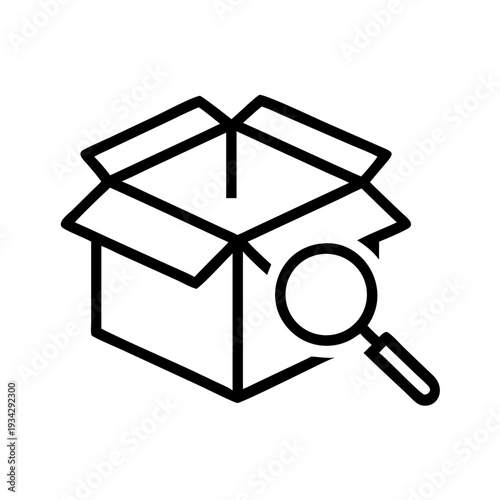 Open box search find product inventory discovery magnifying glass package delivery inspection icon vector