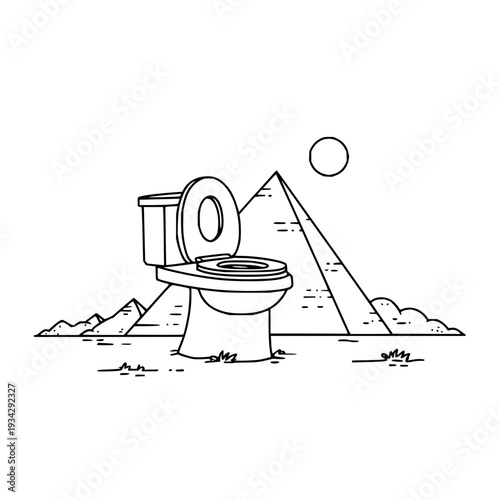 Toilet in desert landscape with pyramids and sun simple black line art illustration surreal scene outdoor plumbing concept wilderness sanitation