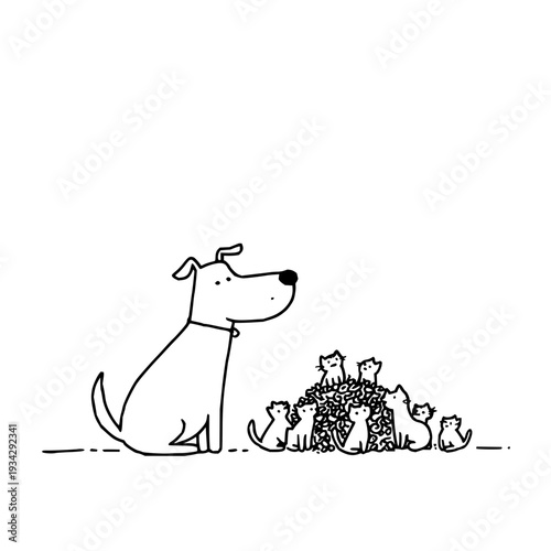 A large dog sits with a group of small kittens in a cute black and white illustration