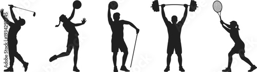Black silhouette collection of diverse athletes performing sports like golf volleyball weightlifting and tennis for physical fitness training and healthy active lifestyle concepts.