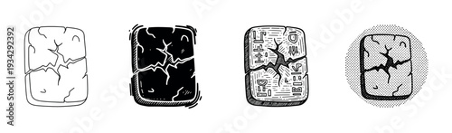 Cracked stone tablets with ancient symbols and distressed textures represent historical artifacts and old ruins.