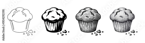 Delicious muffins illustrated in various artistic black and white styles, showcasing different drawing techniques from outline to detailed stippling.