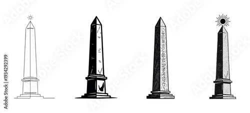 Four distinct obelisks illustrations presented in various artistic styles, reflecting ancient history and monumental architecture.