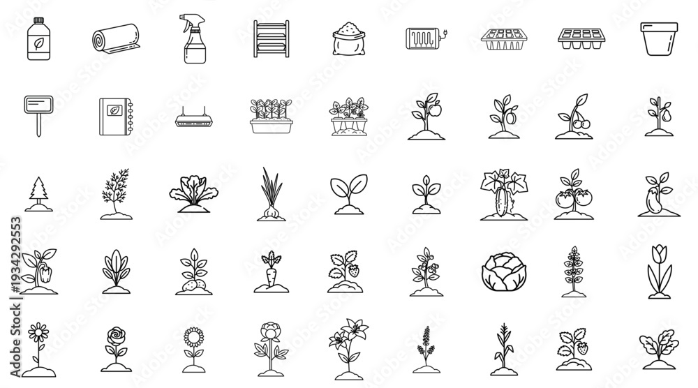 Obraz premium Gardening Equipment and Seedling Line Icon Set, Outline Garden Tools and Plant Growth Symbols Collection