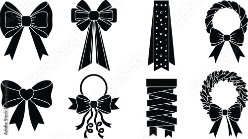 Minimal flat icon set close up of black bow and wreath silhouettes showing varied knot styles and ribbon tails arranged in two rows on clean white background
