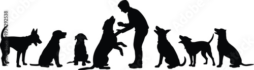 Black silhouette collection of a professional male trainer working with a diverse group of obedient dogs for pet training animal behavior and companionship concepts.