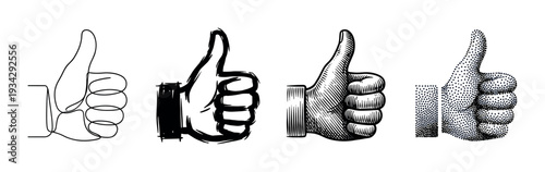 Four distinct thumbs up hand gestures are depicted in various artistic styles, symbolizing approval and positive feedback.
