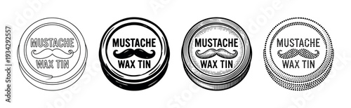 Mustache wax tin labels in various styles provide a vintage barber shop design element for grooming products.
