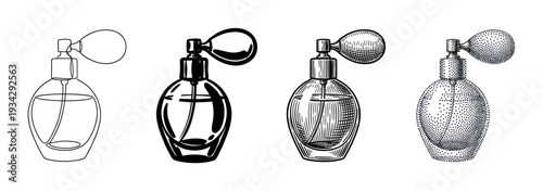 Four vintage perfume bottles with atomizers in various styles illustrate classic fragrance packaging design with elegant details.