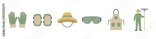 Gardening tools and protective gear for outdoor work activities including gloves, knee pads, hat, goggles, apron, and a gardener with a rake.