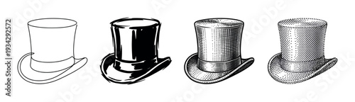 Four elegant top hats depicted in various artistic styles showcasing different illustration techniques from outline to halftone.