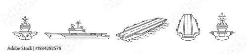 Aircraft carrier military warship vessel outline icon collection showcasing various perspectives and views in a modern vector illustration.
