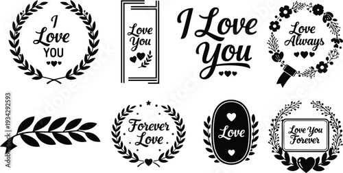 Vintage black love badge set with laurel wreaths and floral frames close up top view isolated on white for vector emblem mockup svg png editable layered