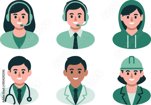 Diverse Professional Avatars Set Featuring Customer Service Doctor and Construction Worker in Flat Green Style