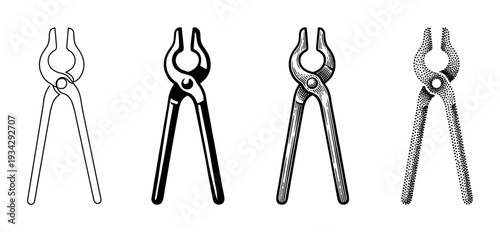 Four different styles of blacksmith tongs for metalworking and forging in various artistic representations including line art and stippling.