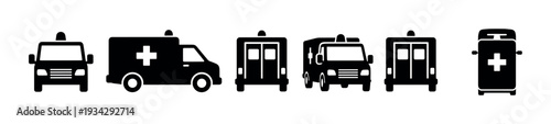 Ambulance icons set showing various angles of emergency medical vehicles for healthcare and rescue design.