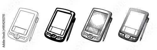 Personal digital assistant devices are illustrated using different vintage artistic techniques and styles, showcasing retro technology.