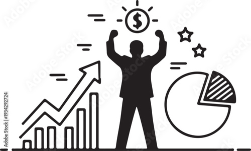 "Financial success vector illustration showing triumphant executive with dollar sign, bar chart, line graph, and pie chart symbolizing profit, growth, and business achievement"
