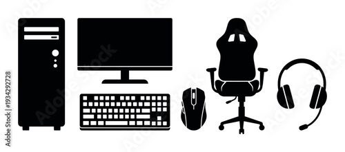 Computer gaming equipment setup icons are displayed together as a complete collection of modern technology.