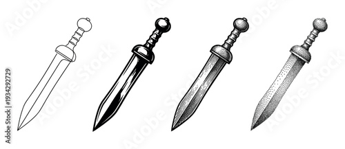 Roman gladius sword is depicted in four distinct artistic styles, including outline, solid, hatched, and stippled.